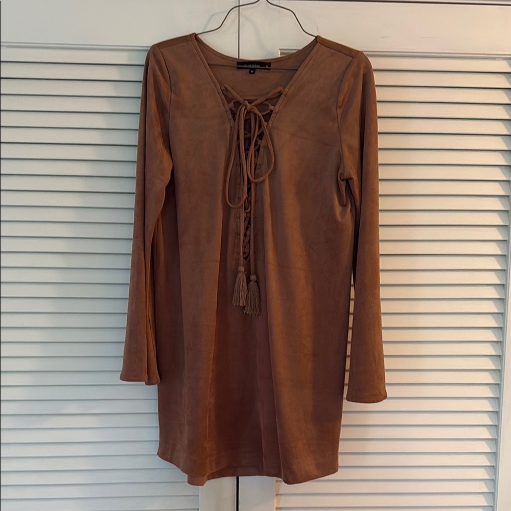 Olivaceous Brown Long Sleeve V-Neck suede Dress